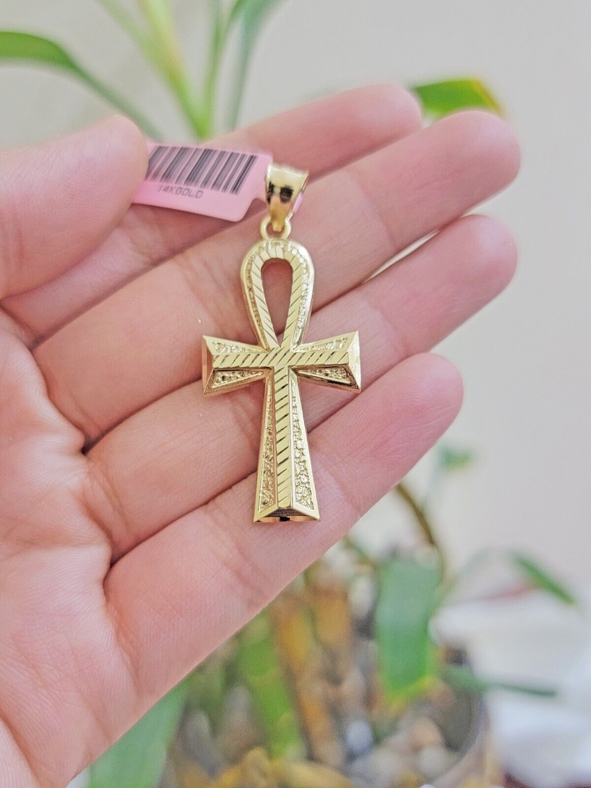 Real 14k Yellow Gold Ankh charm pendant 1.75 Inch Diamond Cuts Charm for Chains - GoldenlinQ